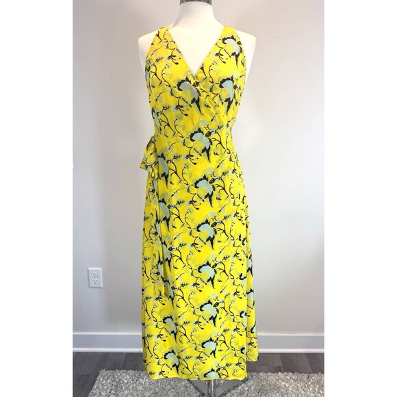 DVF Wrap Dress Maxi Silk Yellow Floral Tie Waist Size 8 READ DESCRIPTION - Picture 1 of 11